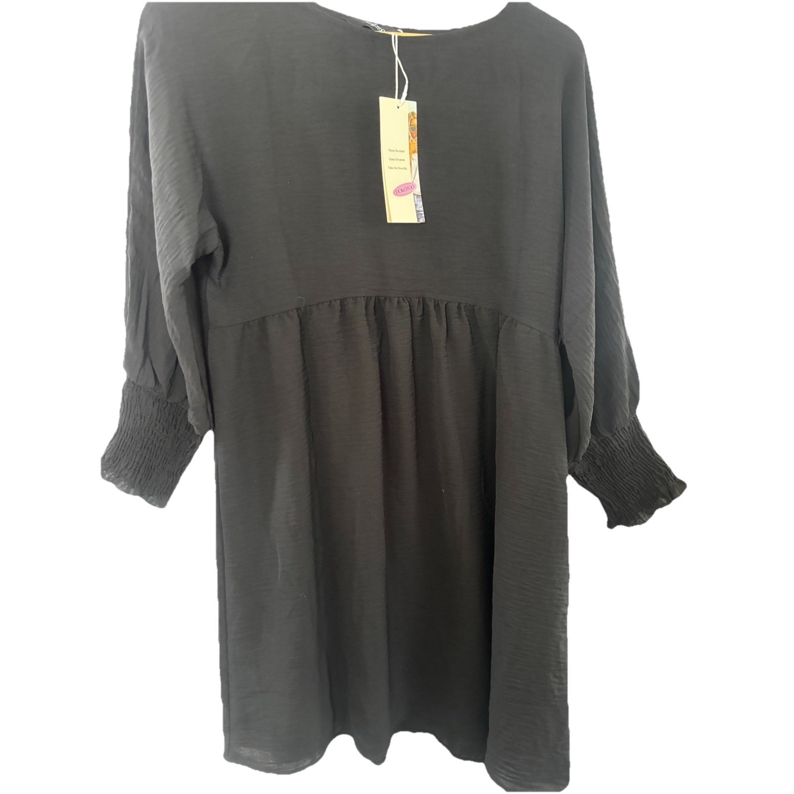 New Dokotoo Babydoll Mid Dress Med Empire Waist 3/4 Smocked Sleeve Black Nwt